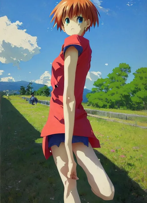 Image similar to portrait of Asuka Soryu Langley from Neon Genesis Evangelion enjoying her vacation, countryside, calm, fantasy character portrait, dynamic pose, above view, sunny day, thunder clouds in the sky, artwork by Jeremy Lipkin and Giuseppe Dangelico Pino and Michael Garmash and Rob Rey, very coherent asymmetrical artwork, sharp edges, perfect face, simple form, 100mm