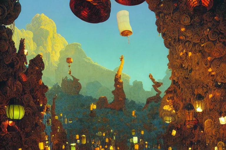 Image similar to a surreal fantasy landscape made of giant books, lanterns, papers, quills and ink bottles, digital painting by maxfield parrish and michael whelan, photorealistic