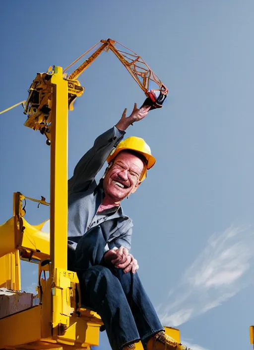 Prompt: closeup portrait of cheerful bryan cranston controlling a crane, sitting in a crane, yellow hardhat, sitting in a crane, natural light, bloom, detailed face, magazine, press, photo, steve mccurry, david lazar, canon, nikon, focus