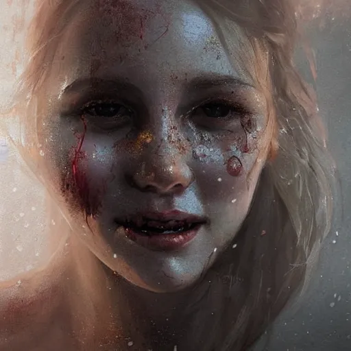 Image similar to epic portrait of a beautiful girl with an unnaturally wide smile, high detail, horror smile, sharp focus, beautiful!, scary!, bloody, dewy skin, ethereal, painting, concept art, warm lighting, greg rutkowski