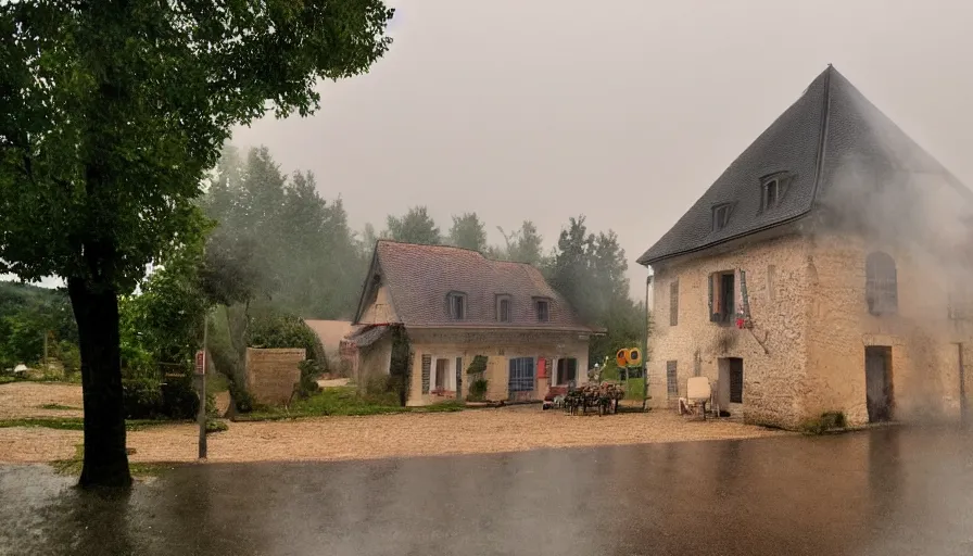 Image similar to mini dv camera footage of a heavy heavy burning french style little house, heavy rain, in a small northern french village, heavy grain, very low quality, high detail, dramatic light