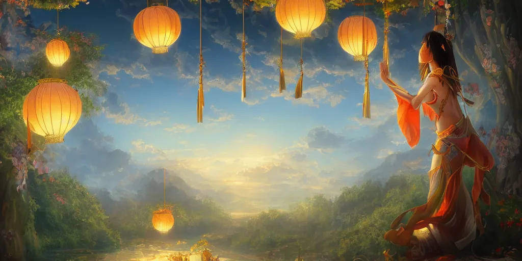 Prompt: painting of wind god enjoying the view from his heavenly palace, decorated with windchimes and paper lanterns, stunning nature in background, digital art trending on artstation