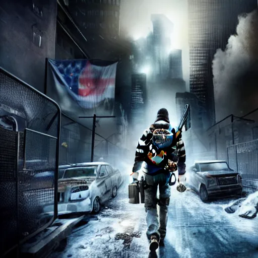 Prompt: the division poster set in an apocalyptic los angeles, agent standing with a gun in the foreground, cinematic, 4 k