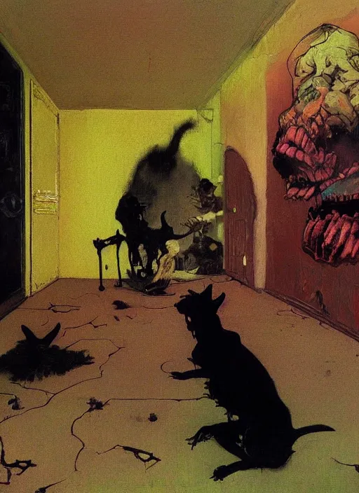 Image similar to two dark figures laughing and a black dog inside a decayed contemporary living room with large oxygen tank in the style of Francis Bacon and Zdzislaw Beksinski, Edward Hopper and Norman Rockwell, highly detailed, very coherent, triadic color scheme