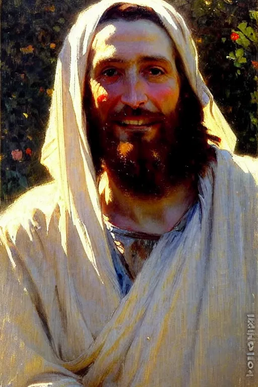 Image similar to impressionist brushstrokes!!!!!!!!! solomon joseph solomon and richard schmid and jeremy lipking victorian loose genre loose painting full length portrait painting of jesus with a slight smile happy inviting