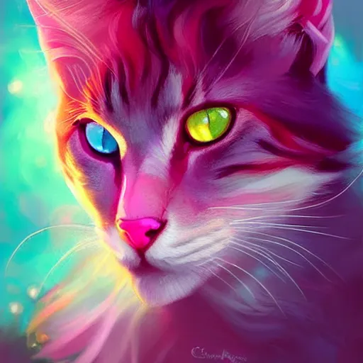 Image similar to colorful and festive cat with pink hair,. rich vivid colors, ambient lighting, dynamic lighting, 4 k, atmospheric lighting, painted, intricate, highly detailed by charlie bowater