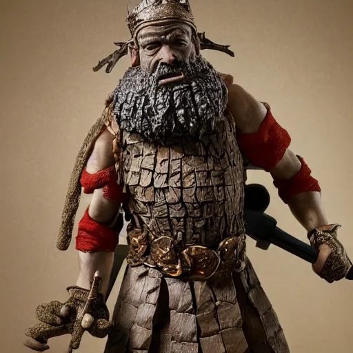 Image similar to high - res photograph of a claymation sculpture warrior dwarf, highly detailed sculpey diorama, by erwin olaf, smooth, sharp foccus, commercial photography, fashion shoot