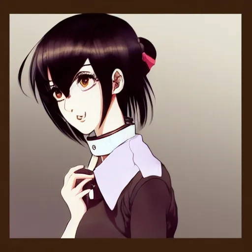 Image similar to portrait of a girl with short brown hair, wearing a white blouse and black choker, smoking a cigarette, drawn by WLOP, by Avetetsuya Studios, attractive character, colored sketch anime manga panel, unsaturated, dull colors, trending on Artstation