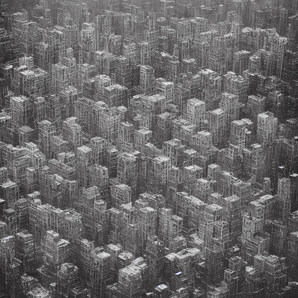 Image similar to two giant towers, made up of makeshift squatter shacks, misty, dystopia, mamiya rb 6 7, fully frontal view, very detailed, birds eye view, photographed by ansel adams