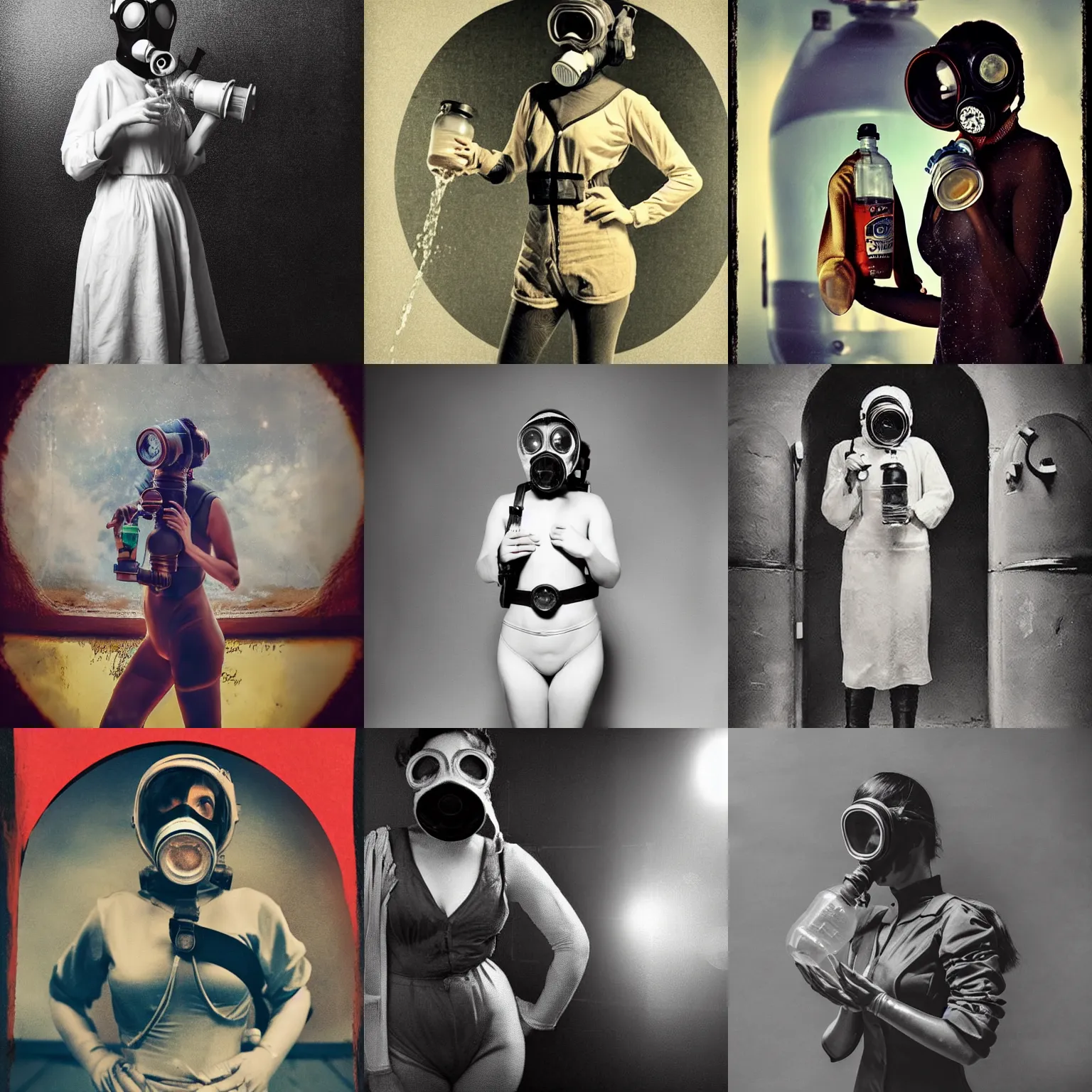 Prompt: a beautiful woman wearing a gas mask covering her body with water, standing in outer space, vintage inspired, by the invisible realm and felipe posada