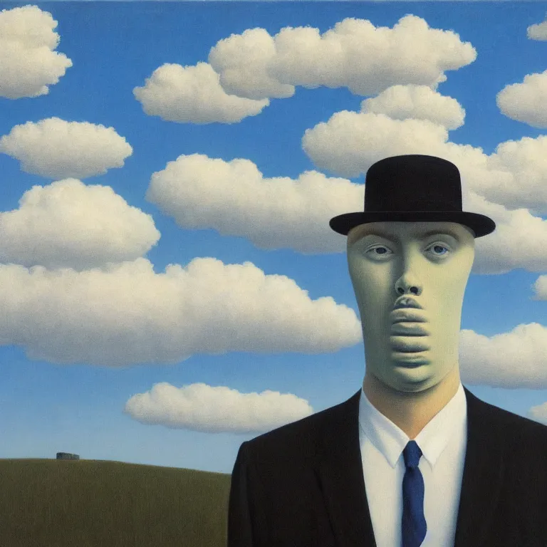 Image similar to portrait of a faceless shadow - head man in a suit, clouds in the background, by rene magritte, detailed painting, distance, middle centered, hd, hq, high resolution, high detail, 4 k, 8 k