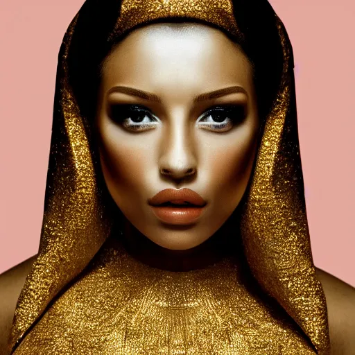 Image similar to extreme close up portrait of stunningly beautiful girl, staring in the camera, symmetrical, gold dust make up, high res photo, 8 k, 5 0 mm 1. 8, bokeh, by mario testino