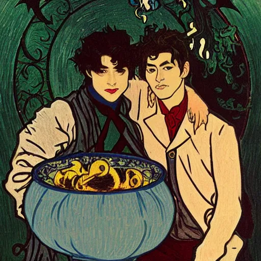 Prompt: painting of young cute handsome beautiful dark medium wavy hair man in his 2 0 s named shadow taehyung and cute handsome beautiful min - jun together at the halloween witchcraft party with bubbling cauldron, melancholy, autumn colors, elegant, ritual, stylized, gorgeous eyes, soft facial features, delicate facial features, art by alphonse mucha, vincent van gogh, egon schiele