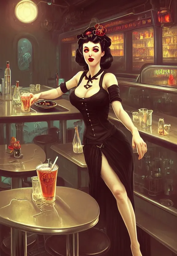 Image similar to Necromancer waitress of a small 50’s style diner serving cold drinks, fantasy magic, dark pin-up style hair, dark light night, intricate, elegant, sharp focus, illustration, highly detailed, digital painting, concept art, matte, art by WLOP and Artgerm and Greg Rutkowski and Alphonse Mucha, masterpiece