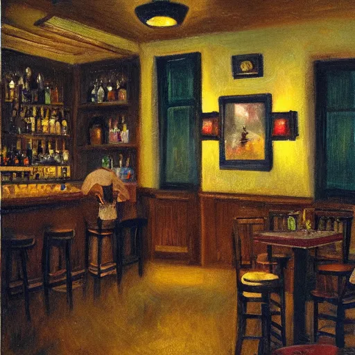 Prompt: a cozy bar night tonalism