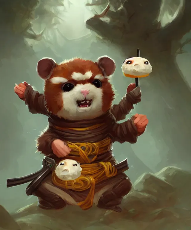 Image similar to anthropomorphic hamster ninja eating sushi, ninja outfit, standing in a beautiful landscape, cute and adorable, dnd character art portrait, matte fantasy painting, deviantart artstation, by jason felix by steve argyle by tyler jacobson by peter mohrbacher, cinematic lighting