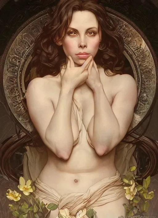 Image similar to beautiful portrait of gianna michaels, by magali villeneuve and greg rutkowski and artgerm and alphonse mucha, intricate, elegant, highly detailed, photorealistic, trending on artstation, trending on cgsociety, 8 k, sharp focus