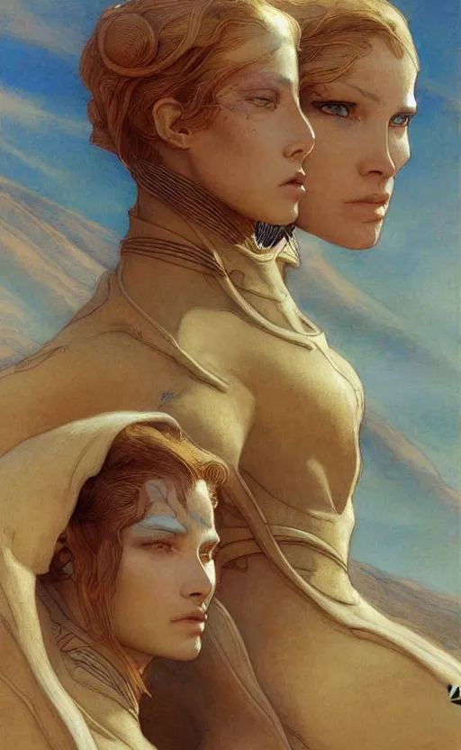 Image similar to beautiful female fremen on dune, by edgar maxence artgerm ross tran and michael whelan and gustav klimpt