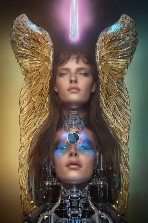 Image similar to a beautiful ultradetailed fine art photo of a cybernetic cyborg angel set against galactic space, by tom bagshaw and zach sutton, portrait, soft backlighting, cybernetic implants on the face, 5 0 mm lens, golden ratio composition, detailed faces, studio lighting, very detailed, mechanical robot neon wings, artstation, 8 k, highly coherent