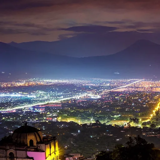 Prompt: a cyberpunk antigua guatemala at night from the distance