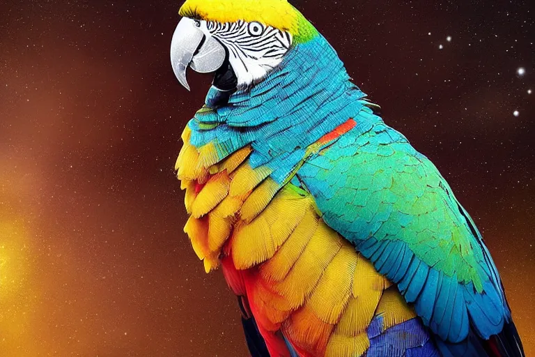 Prompt: “Portrait of a parrot” wearing a beautiful Costume , on a dark nebula background” digital Art, concept Art, highly detailed, 3-D 4K, trending on art station, Award winning, Alexander Hamilton style,