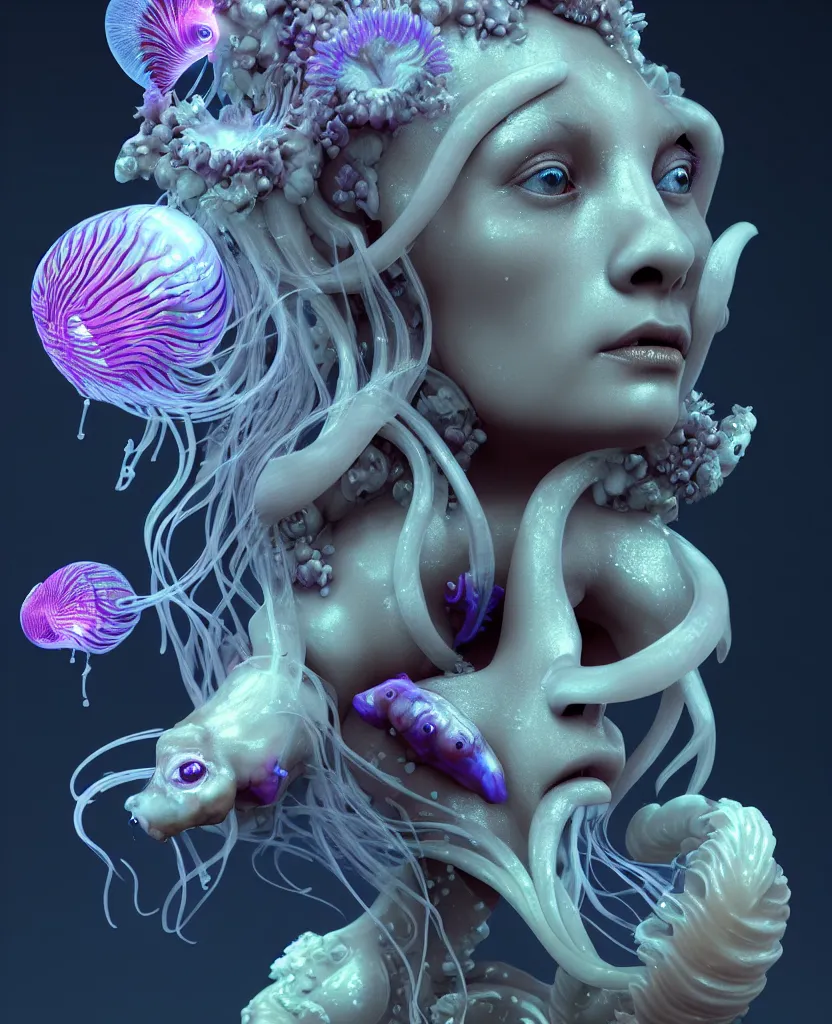 Image similar to goddess princess beautiful face close-up portrait ram skull zbrush sculpt. jellyfish phoenix head, nautilus, orchid, skull, betta fish, bioluminiscent creatures, intricate artwork by Tooth Wu and wlop and beeple. octane render, trending on artstation, greg rutkowski very coherent symmetrical artwork. cinematic, hyper realism, high detail, octane render, 8k