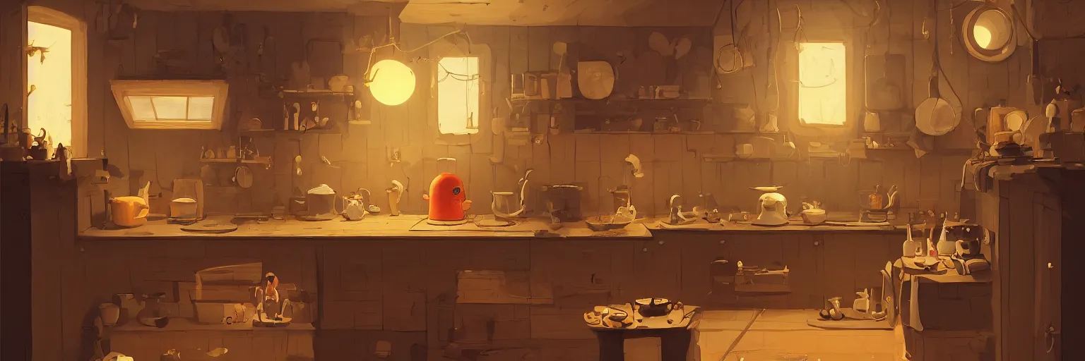 Prompt: epic illustration of a wooden kitchen dim lit by 1 candle doubly so by Goro Fujita and Simon Stalenhag , 8k, trending on artstation, hyper detailed, cinematic 'fisheye lense'!!!!!!!!!