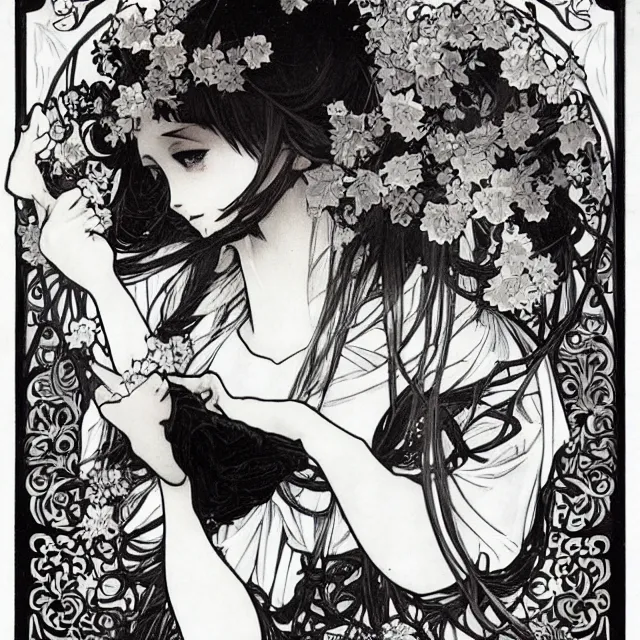 Prompt: gothic lolita and black roses. chiaroscuro manga artbook illustration by clamp and alphonse mucha.