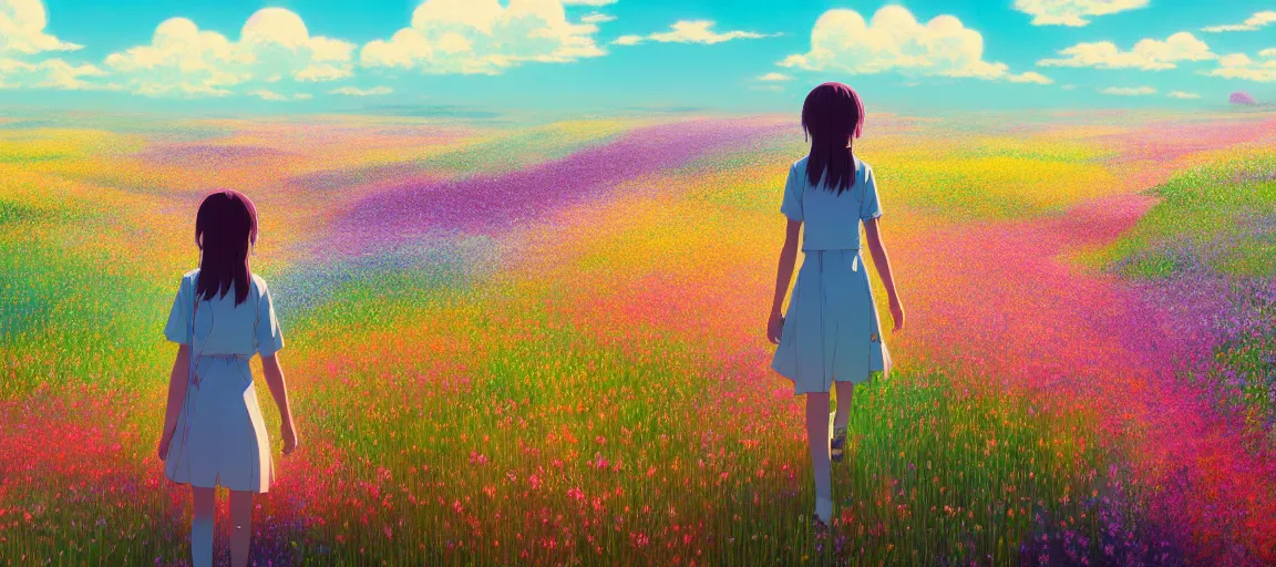 Image similar to a beautiful ultra - detailed panorama of a girl walking through a field of colorful flowers by beeple, studio ghibli, makoto shinkai, wallpaper, highly detailed, trending on artstation, anime