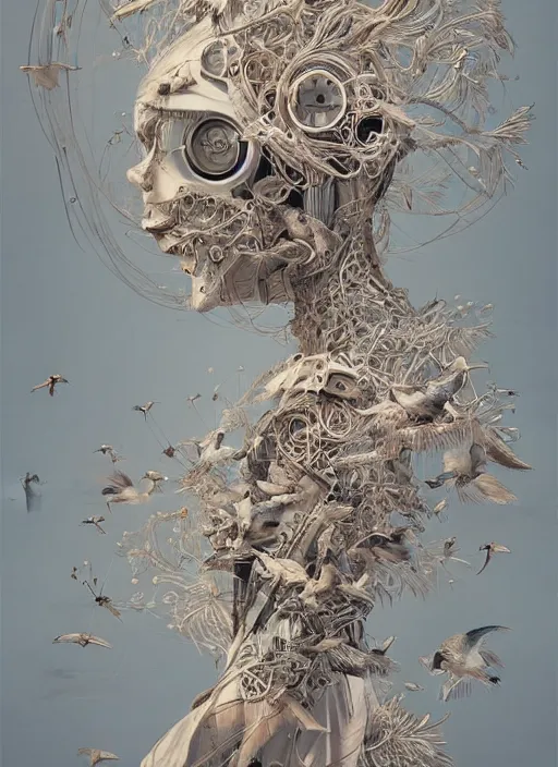 Prompt: a beautiful full body portrait of a robot with birds, cinematic, intricate linework, photorealism, ellen jewett, alessio albi, artgerm