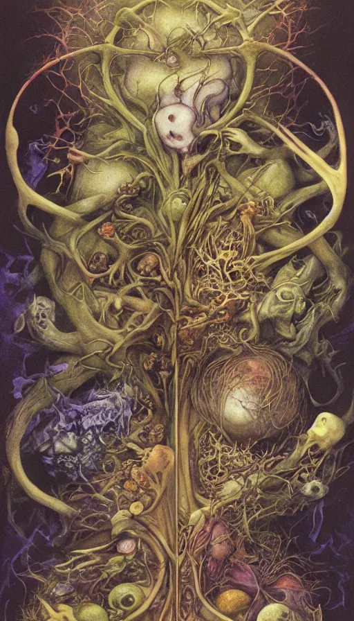 Prompt: life and death mixing together, by brian froud