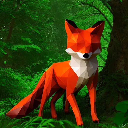 Image similar to low poly fox in a lush green forest, wallpaper, artstation, DeviantArt, hd, 4k, 2k, octane render, 3D, intricate, highly detailed