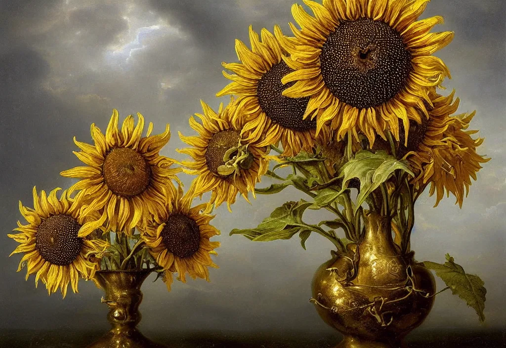 Image similar to dutch golden age bizarre sunflower portrait made from flower floral still life with many perceptive eyes very detailed fungus disturbing fractal forms sprouting up everywhere by rachel ruysch black background chiaroscuro dramatic lighting perfect composition high definition 8 k 1 0 8 0 p oil painting with black background by christian rex van dali todd schorr of a chiaroscuro portrait recursive masterpiece