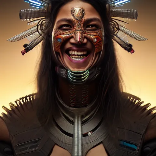 Image similar to portrait painting of a proud cyberpunk maori warrior laughing, ultra realistic, concept art, intricate details, eerie, highly detailed, photorealistic, octane render, 8 k, unreal engine. art by artgerm and greg rutkowski and magali villeneuve and alphonse mucha