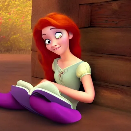 Image similar to young woman with red hair reading a book in a still from disney's tangled. beautiful animation character art, high quality, detailed face