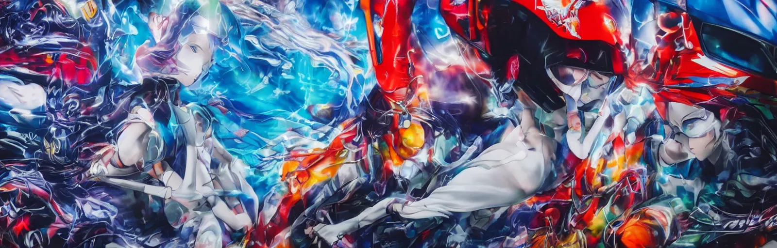 Image similar to billboard advertisement with an extremely beautiful photo of a white marble statue of an anime girl with colorful motocross logos and motorcycle helmet with closed visor, colorful smoke in the background, carved marble statue, fine art, neon genesis evangelion, virgil abloh, offwhite, denoise, highly detailed, 8 k, hyperreal