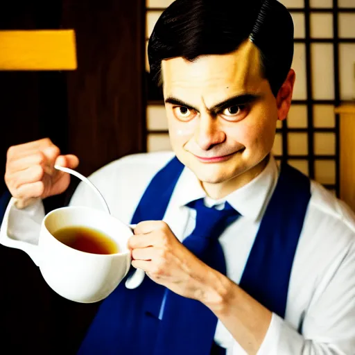 Image similar to close - up of ben shapiro angrily serving you tea at a japanese maid cafe, frilly outfit, depth of field, 3 5 mm, 8 k, photograph by annie leibovitz