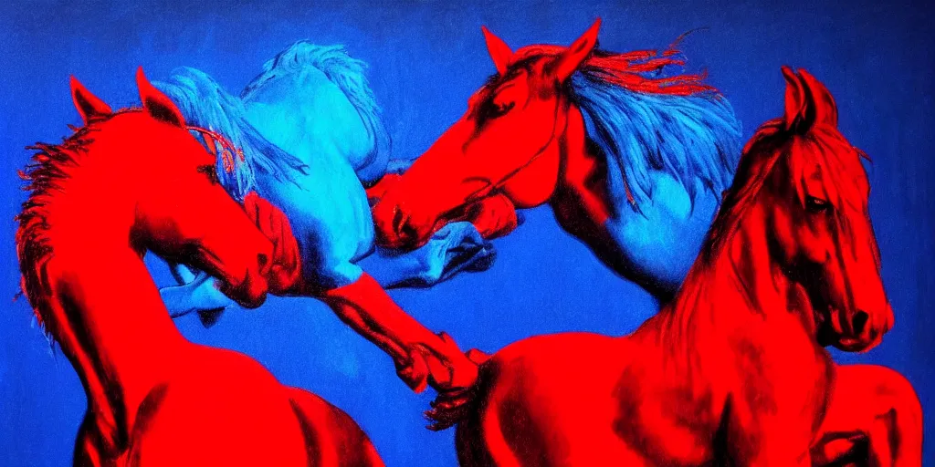 Image similar to blue ney motogrosso in love with a red stallion, too many hands in all directions, too many teeth, too many eyes, in hoc signo vinces, waterfall, in the style of gottfried helnwein, high contrast chiaroscuro, intricate composition, blue light, insanely quality, highly detailed, masterpiece, red light, artstation