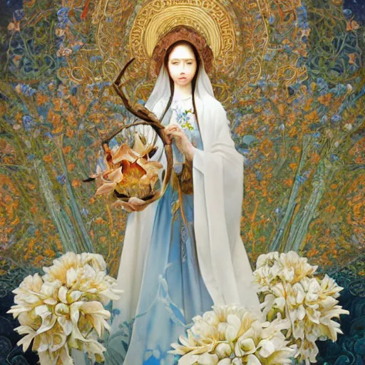 Image similar to breathtaking detailed concept art painting of the goddess of nemophila flowers, orthodox saint, with anxious, piercing eyes, ornate background, amalgamation of leaves and flowers, by Hsiao-Ron Cheng, James jean, Miho Hirano, Hayao Miyazaki, extremely moody lighting, 8K