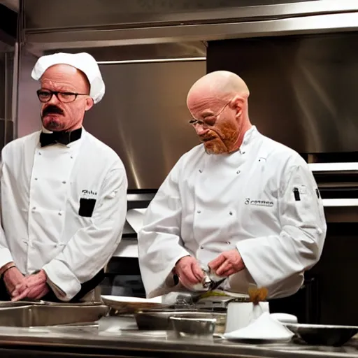 Image similar to walter white in a stareoff with gordon ramsay, high quality image