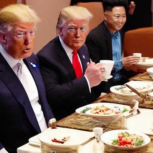 Prompt: Donald Trump joe Biden and Kim jong un eating dinner