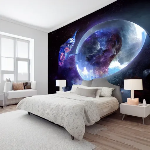 Image similar to a cozy bedroom interior with wall murals of incredible fantasy space art, detailed, high resolution, wow!, intricate, volumetric lighting, raytracing