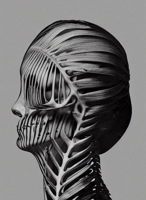 Prompt: a womans face in profile made of monstera leaves skeleton in the style of the dutch masters and gregory crewdson dark and moody