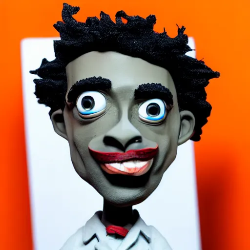 Image similar to a cartoon claymation medium close up sculpture of Playboi Carti, in the style of Tim Burton, black and white, high contrast