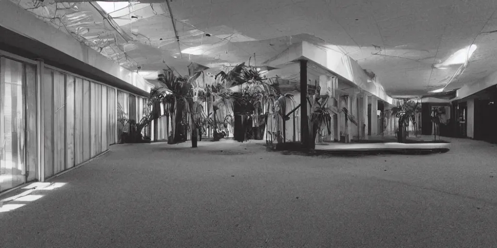 Image similar to a photograph of liminal space weird mall playground house hall way houseplants place with something but empty, interior, unsettling, normal place with weird feeling, liminal space aesthetic, dark scene with flash