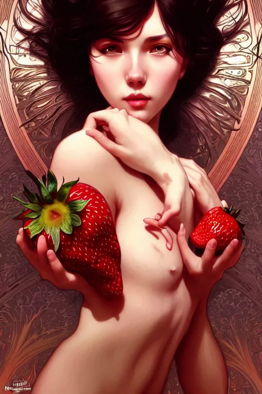 Image similar to strawberry creme, dark fantasy, intricate, elegant, highly detailed, digital painting, artstation, concept art, matte, sharp focus, illustration, art by artgerm and alphonse mucha