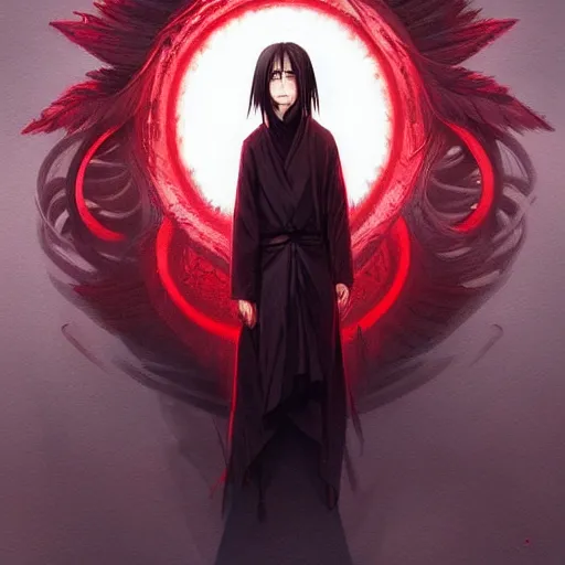 Image similar to itachi uchiha, red glowing eyes, intricate, elegant, highly detailed, digital painting, artstation, concept art, smooth, sharp focus, illustration, art by artgerm and greg rutkowski and alphonse mucha