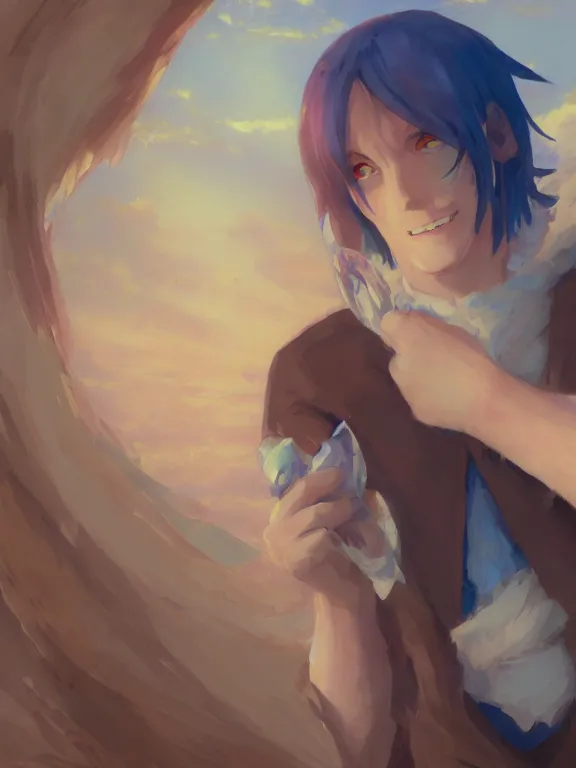 Prompt: [portrait of a smiling man, white angel feathers, blue eyes, red hair, makoto shinkai, thomas kinkade, james gilleard, very comfy]