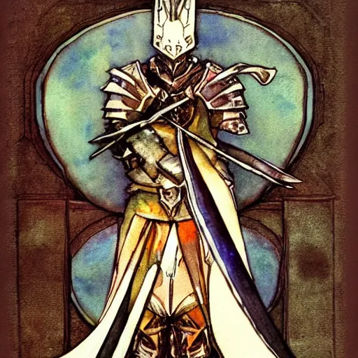 Prompt: watercolor, final fantasy tactics character, knight, wearing plate armor, wearing helmet, faceless, shrouded, artwork by harry clarke