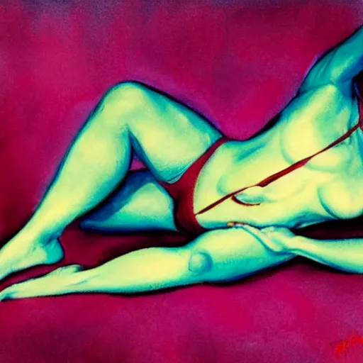 Image similar to playful by neal adams. a body art of a woman reclining on a bed.